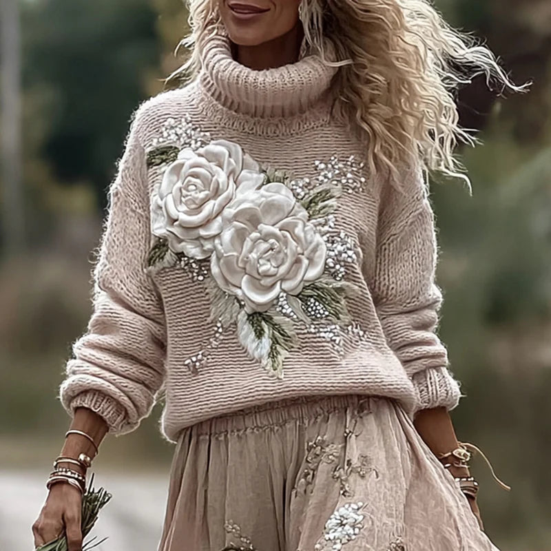 Floral Turtleneck Sweater  – 3D Embossed Pullover