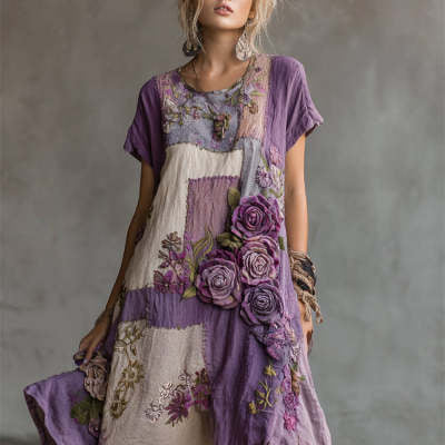 Purple Floral Print Gradient Flowy Linen Midi Dress – Elegant Leisure A-Line Dress