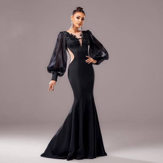 Elegant Sequin Applique Long Sleeve Fishtail Sheath Dress – High Waist Banquet Gown
