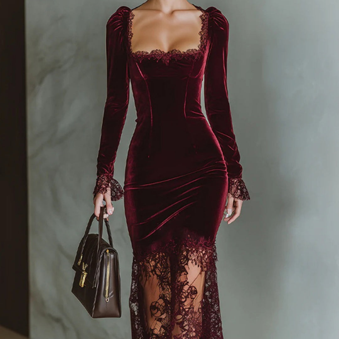 Women's Elegant French-Style Lace Velvet Cocktail Dress – Long Sleeve A-Line Midi