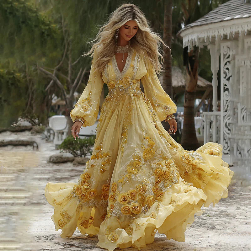 V-Neck Rose Embroidered Bamboo Linen Maxi Dress – Retro Bohemian Loose Long Dress