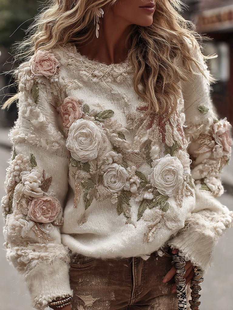 Floral Turtleneck Sweater  – 3D Embossed Pullover