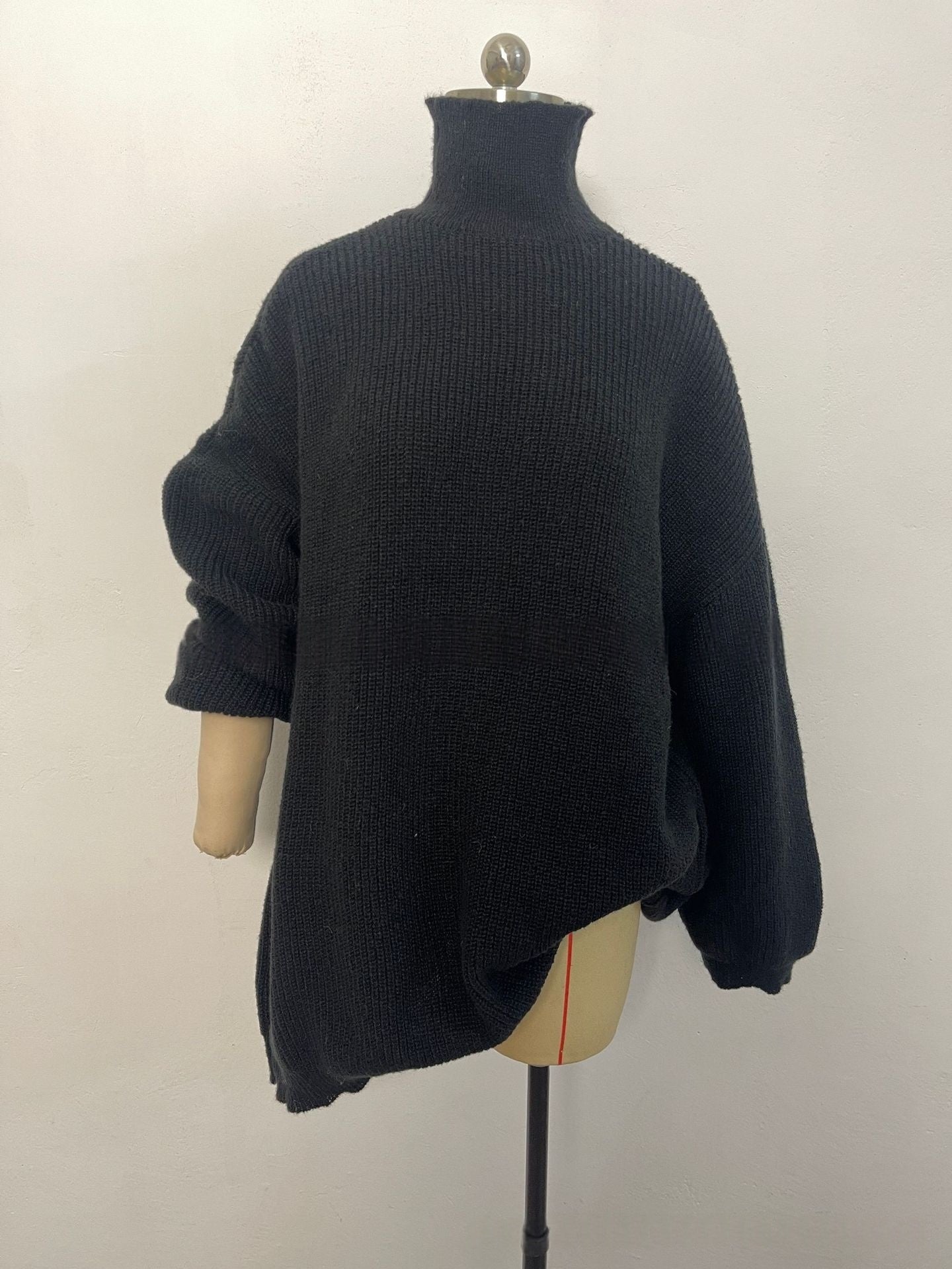 New Autumn Knitted Lantern Sleeve Color Block Dress – Loose Fit Long Sweater Dress