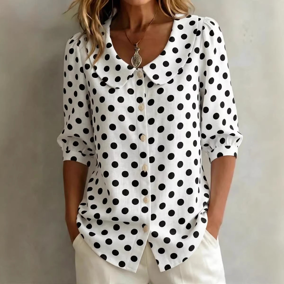 Vintage Polka Dot Loose Fit Cardigan Shirt – Retro Three-Quarter Sleeve Blouse