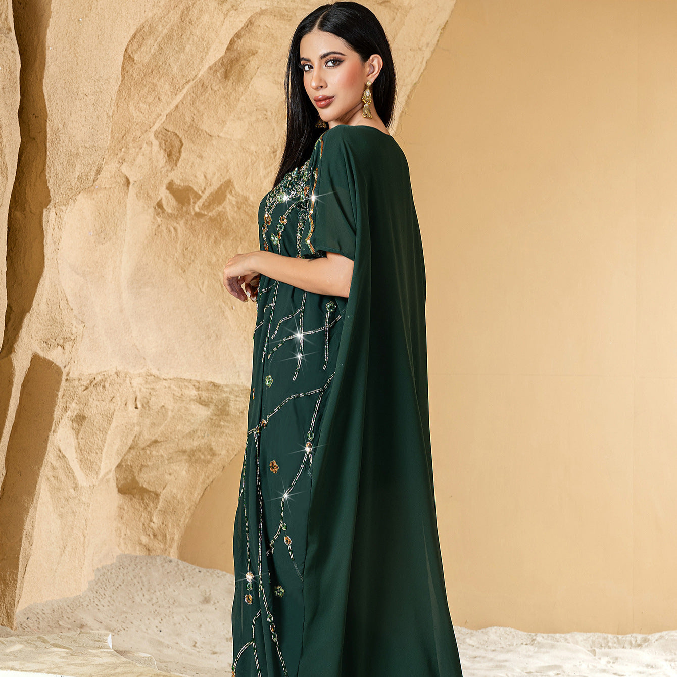 New Elegant Graceful Chiffon Beaded Rhinestone Long Robe – Luxury Loungewear Kimono