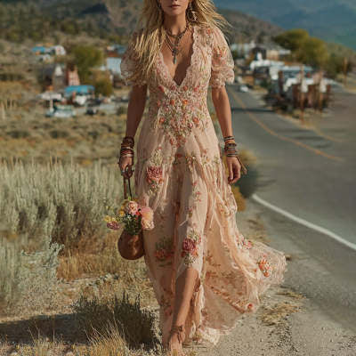 V-Neck Rose Embroidered Bamboo Linen Maxi Dress – Retro Bohemian Loose Long Dress