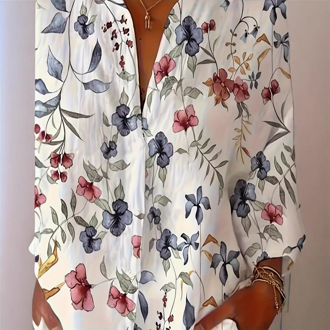 Long Sleeve Casual Women’s Shirt – Floral Plant Loose Fit Button-Up Top