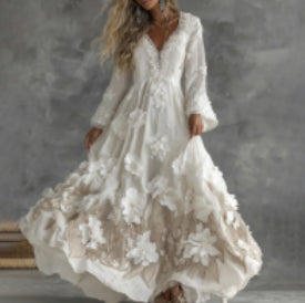 V-Neck Rose Embroidered Bamboo Linen Maxi Dress – Retro Bohemian Loose Long Dress