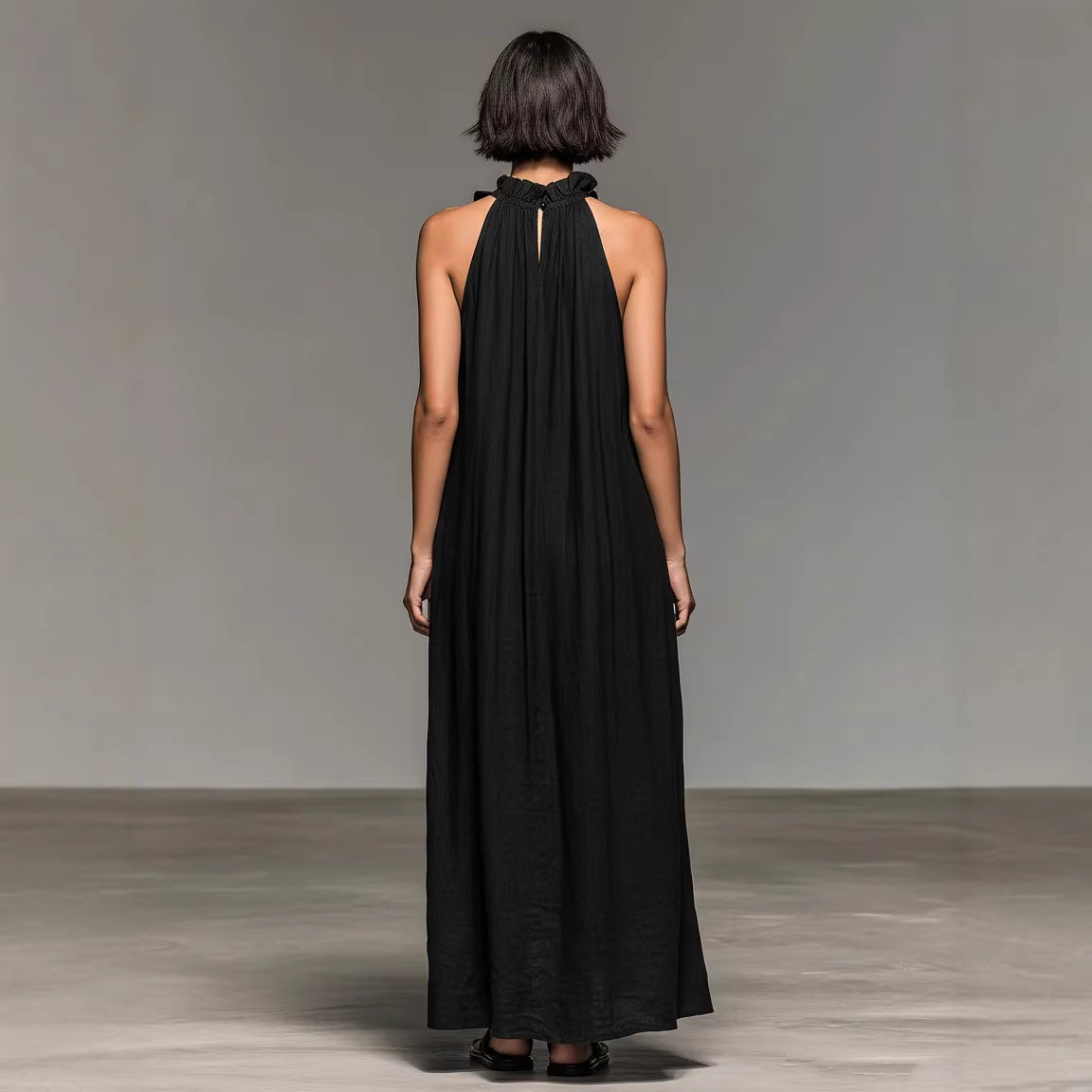Resort Style Ruffled Halter Neck Sleeveless Maxi Dress – Loose Flowy Open Back Evening Gown
