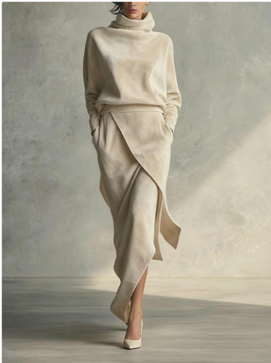 Solid Color Velvet Suede A-Line Midi Dress – Elegant Long Sleeve High Waist Dress