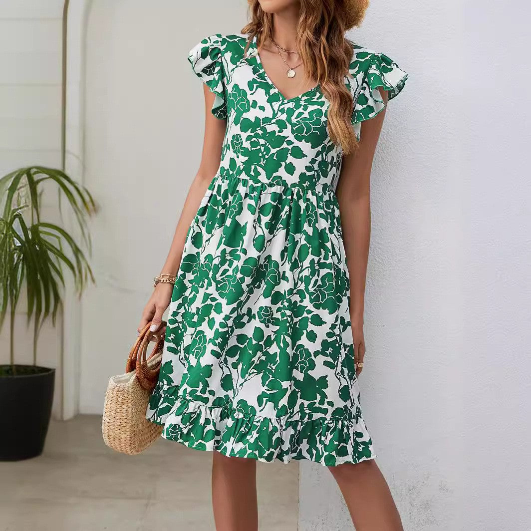 Boho Summer V-Neck Ruffled A-Line Dress Casual Holiday Beach FashionFor Womens Clothing