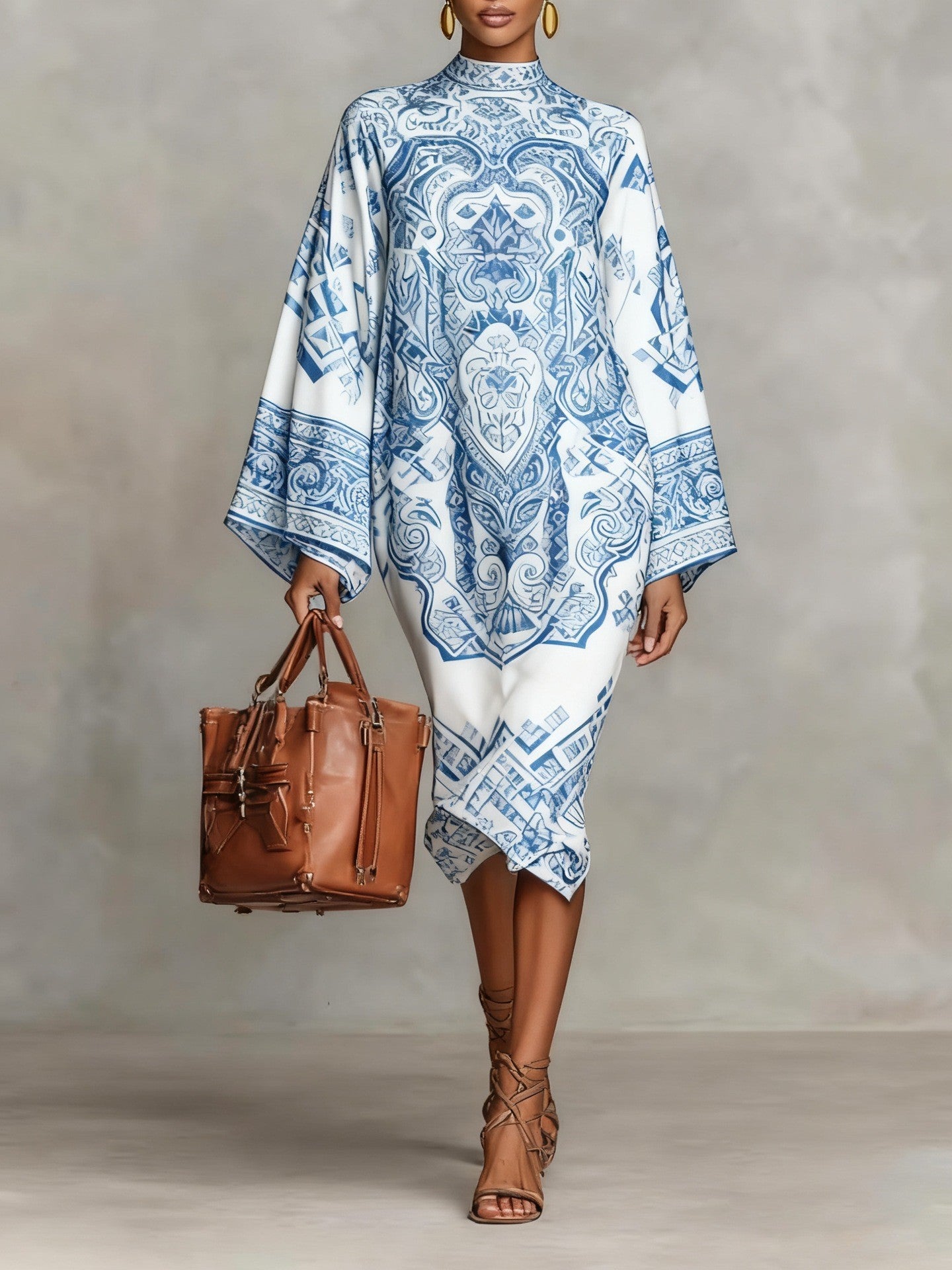 Retro Color Block Satin Flared Sleeve Midi Dress – Elegant Flowy A-Line Dress