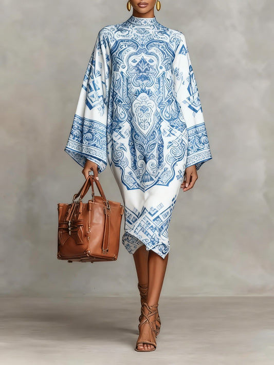 Retro Color Block Satin Flared Sleeve Midi Dress – Elegant Flowy A-Line Dress