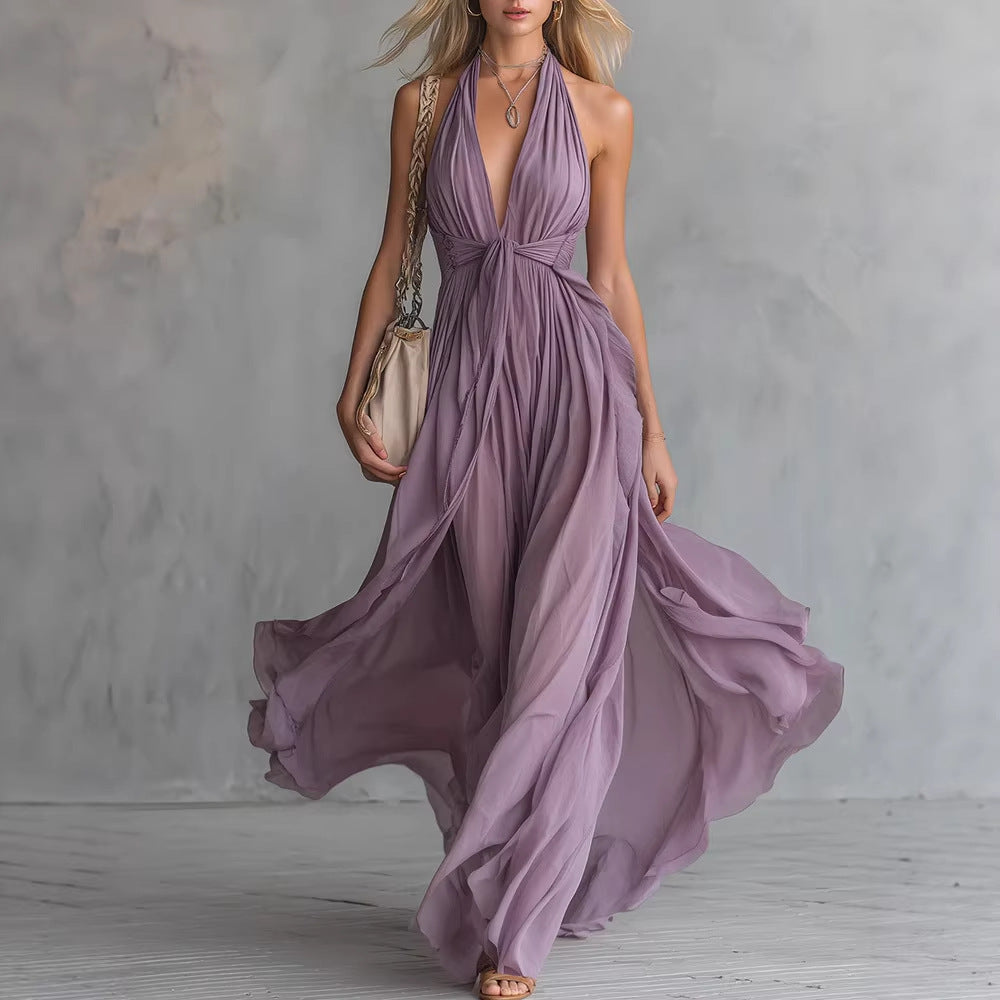 Solid Color V-Neck Sleeveless Waist-Cinching Maxi Dress – Elegant Fit & Flare
