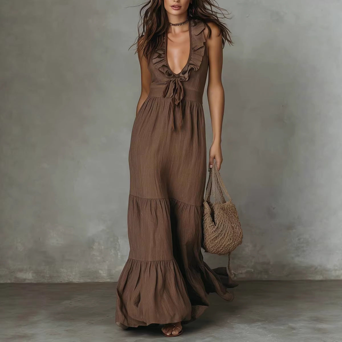 Sleeveless Cotton-Linen V-Neck Maxi Dress – Breathable Straight Cut Long Dress