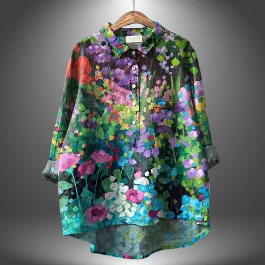 Women's Casual Long Sleeve Print Shirt – Relaxed Fit Lapel Collar Top