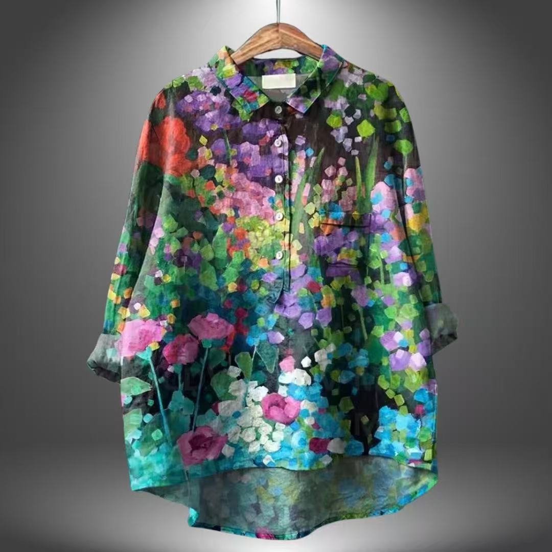 Women's Casual Long Sleeve Print Shirt – Relaxed Fit Lapel Collar Top