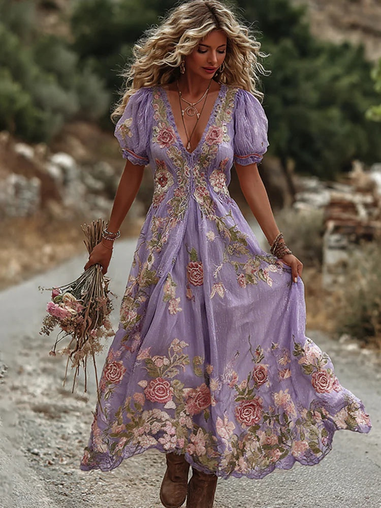 V-Neck Rose Embroidered Bamboo Linen Maxi Dress – Retro Bohemian Loose Long Dress