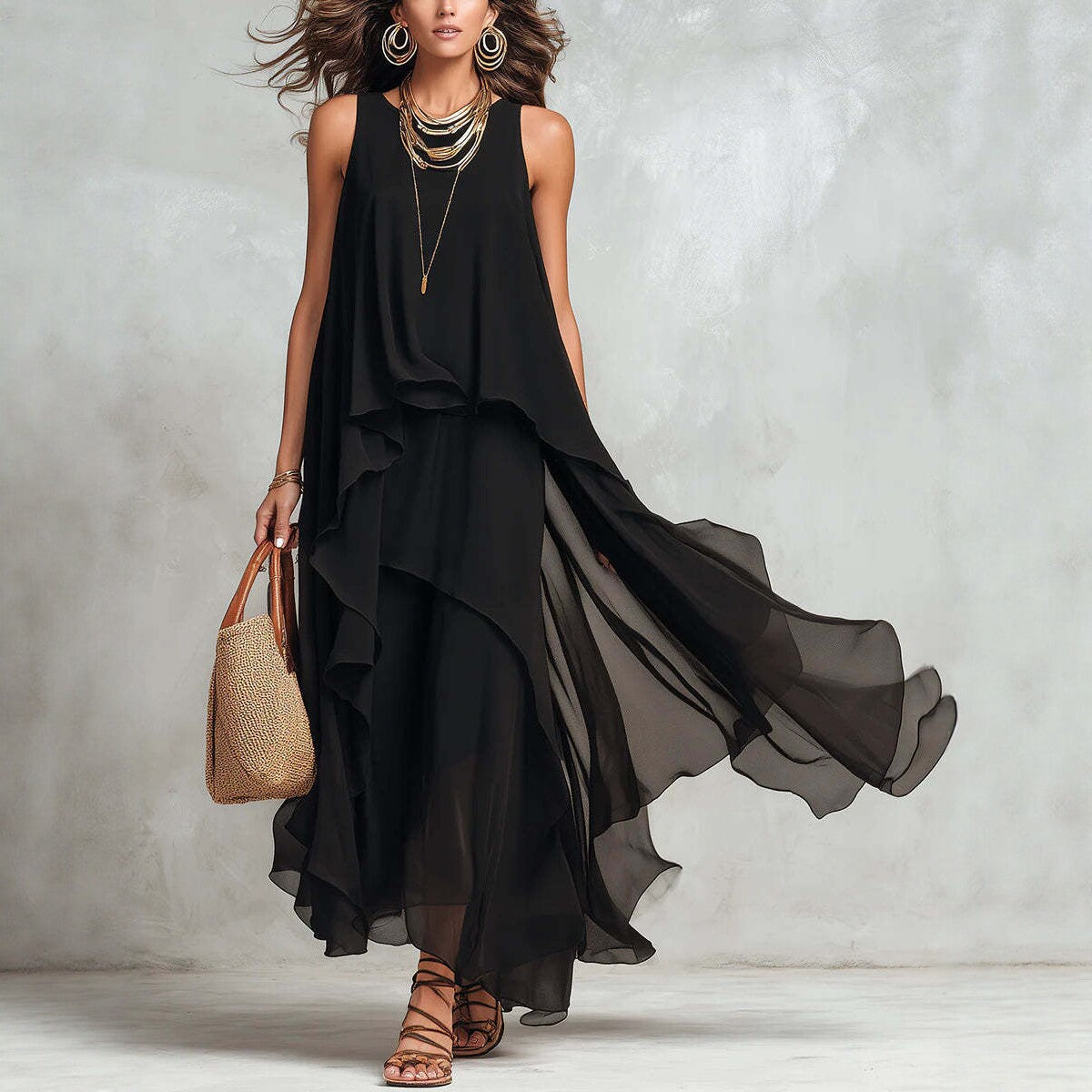 Elegant Black Asymmetrical Chiffon Maxi Dress – Sleeveless Flowing A-Lin