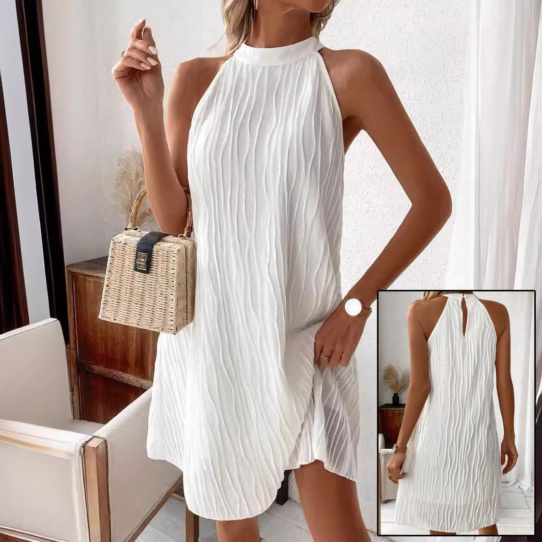 White Halter Backless Flowy Umbrella Midi Dress – Elegant Loose Fit Summer Dress