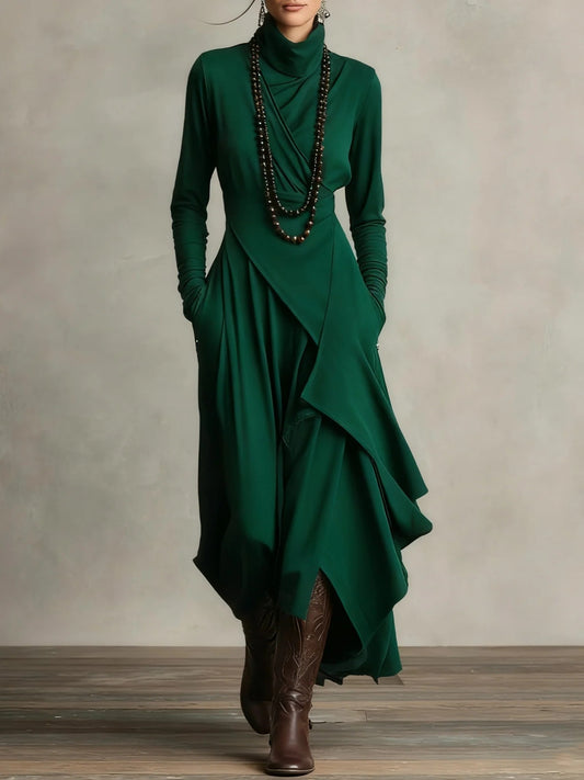Solid Color Long Sleeve Cross Wrap High Neck Maxi Dress