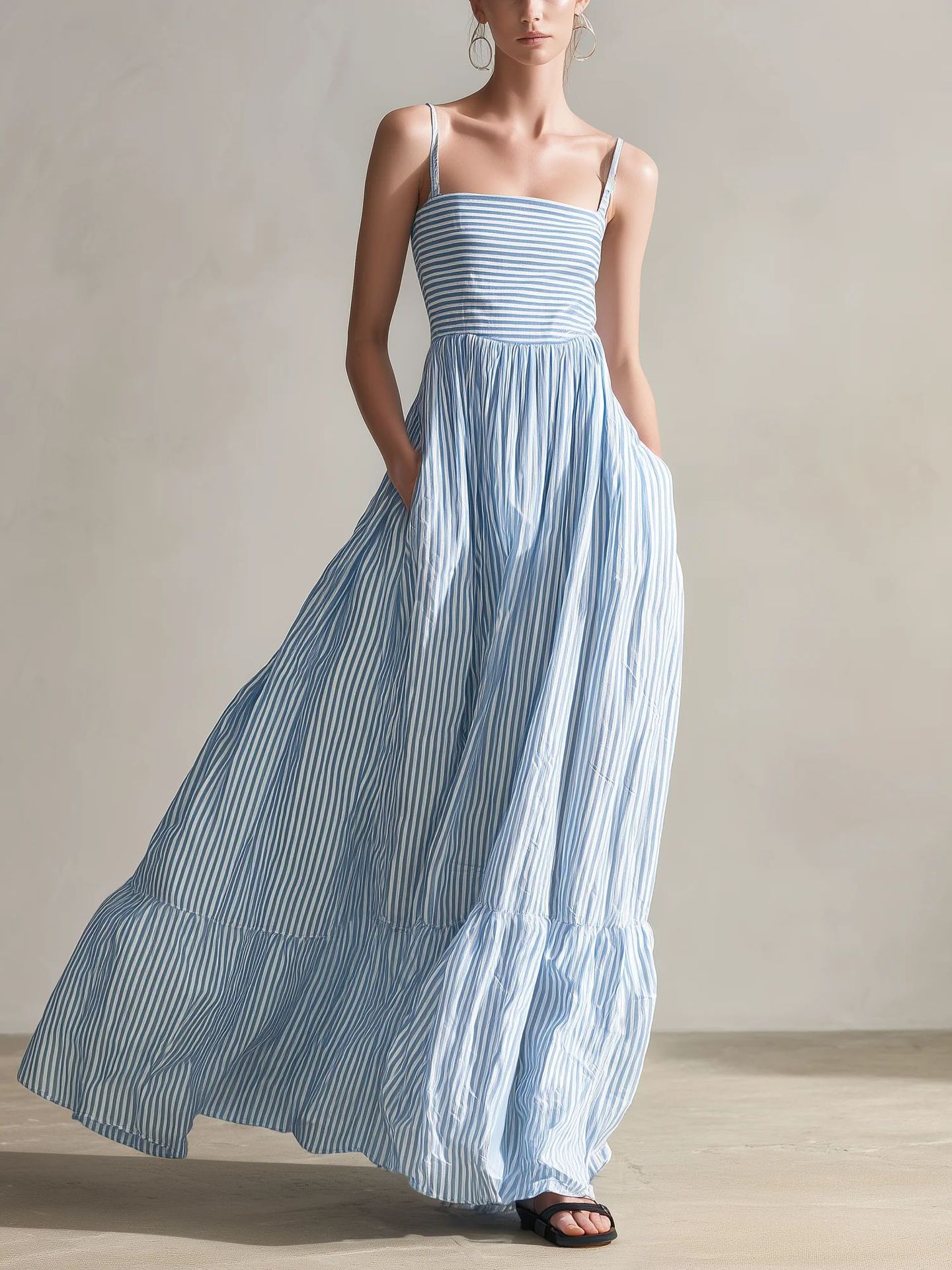 Striped Sleeveless Thin Strap Maxi Dress – High Waist Flowing Long Dress