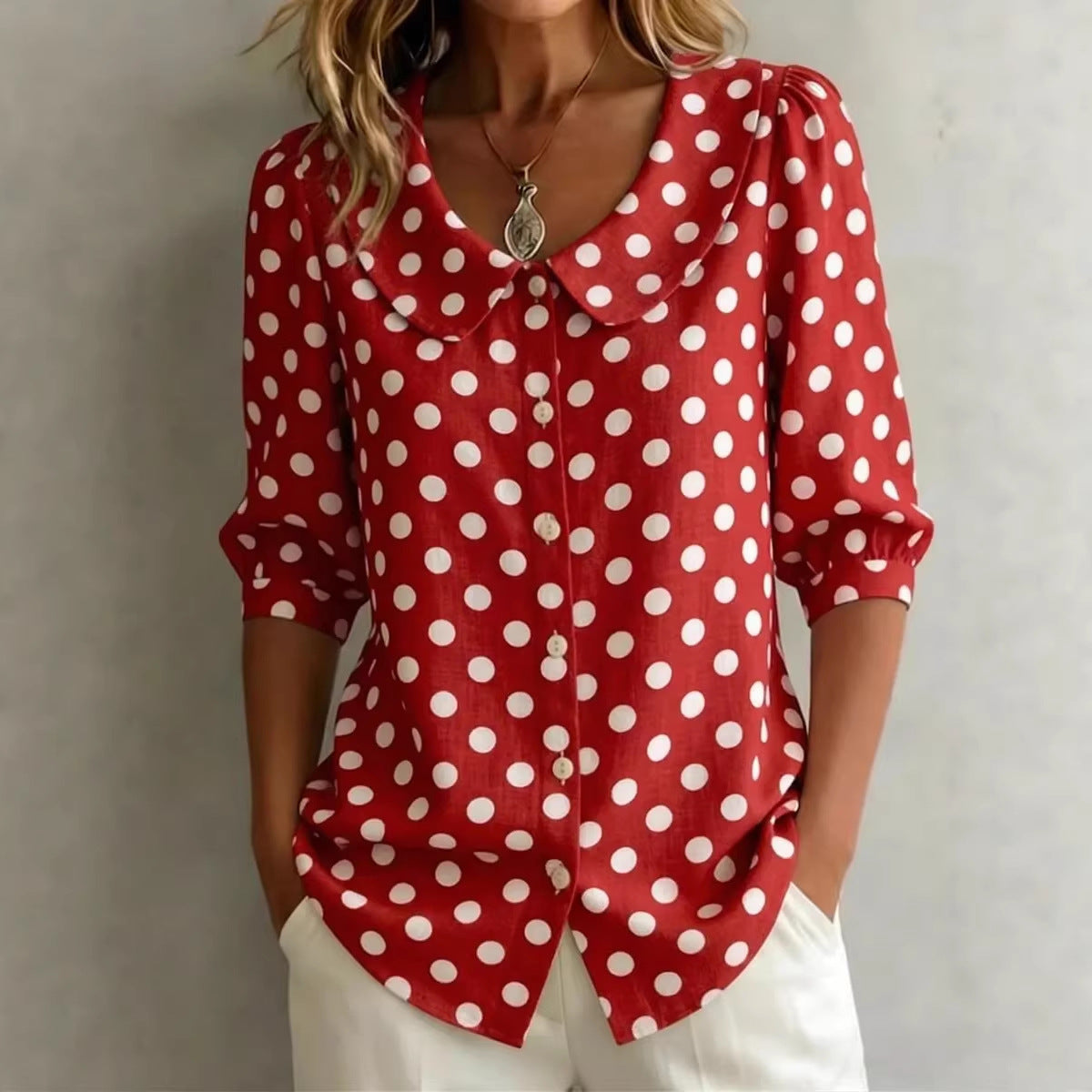 Vintage Polka Dot Loose Fit Cardigan Shirt – Retro Three-Quarter Sleeve Blouse