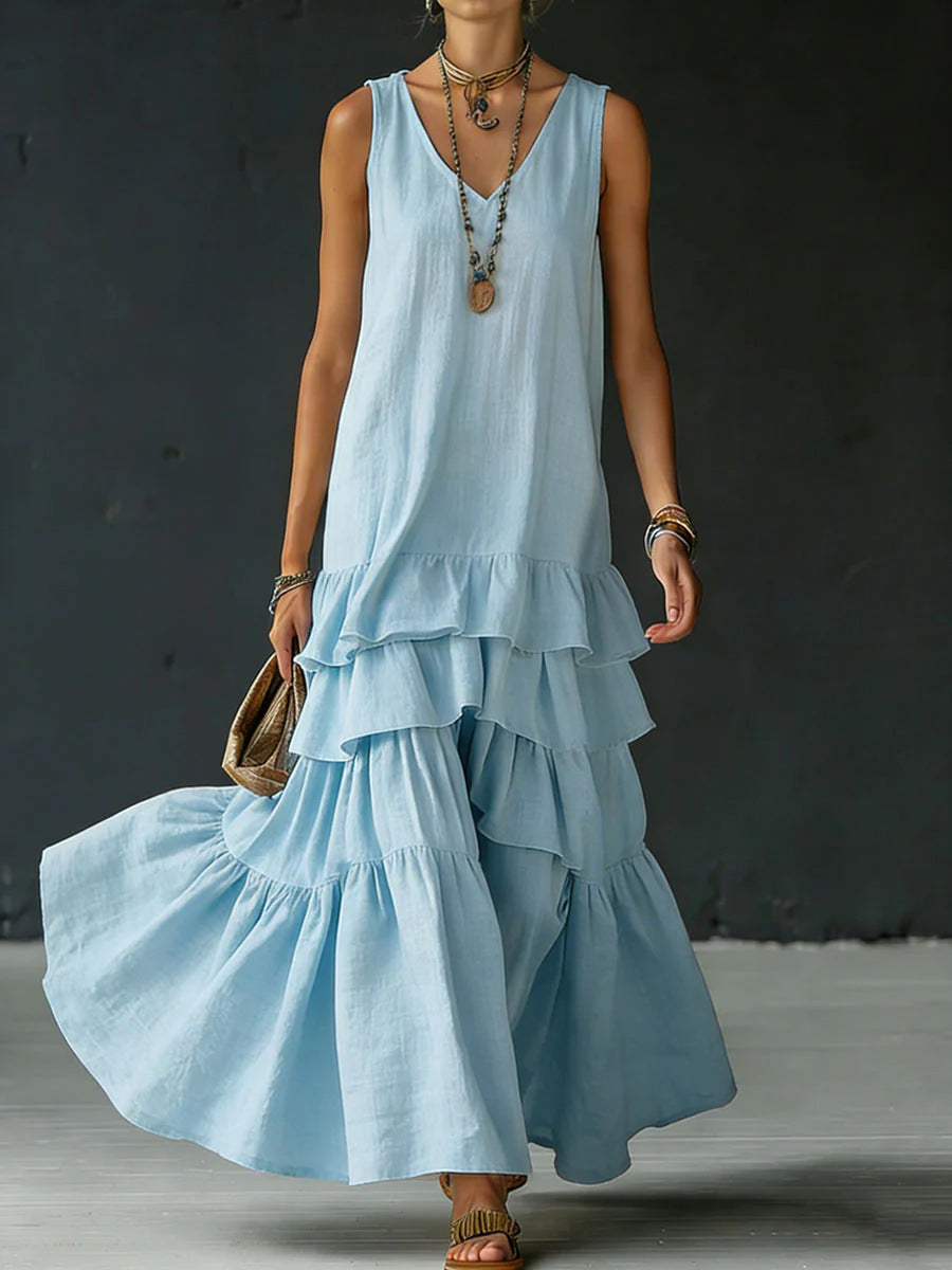 Solid-color Womens Loose-fitting Full-skirted Sleeveless Dress