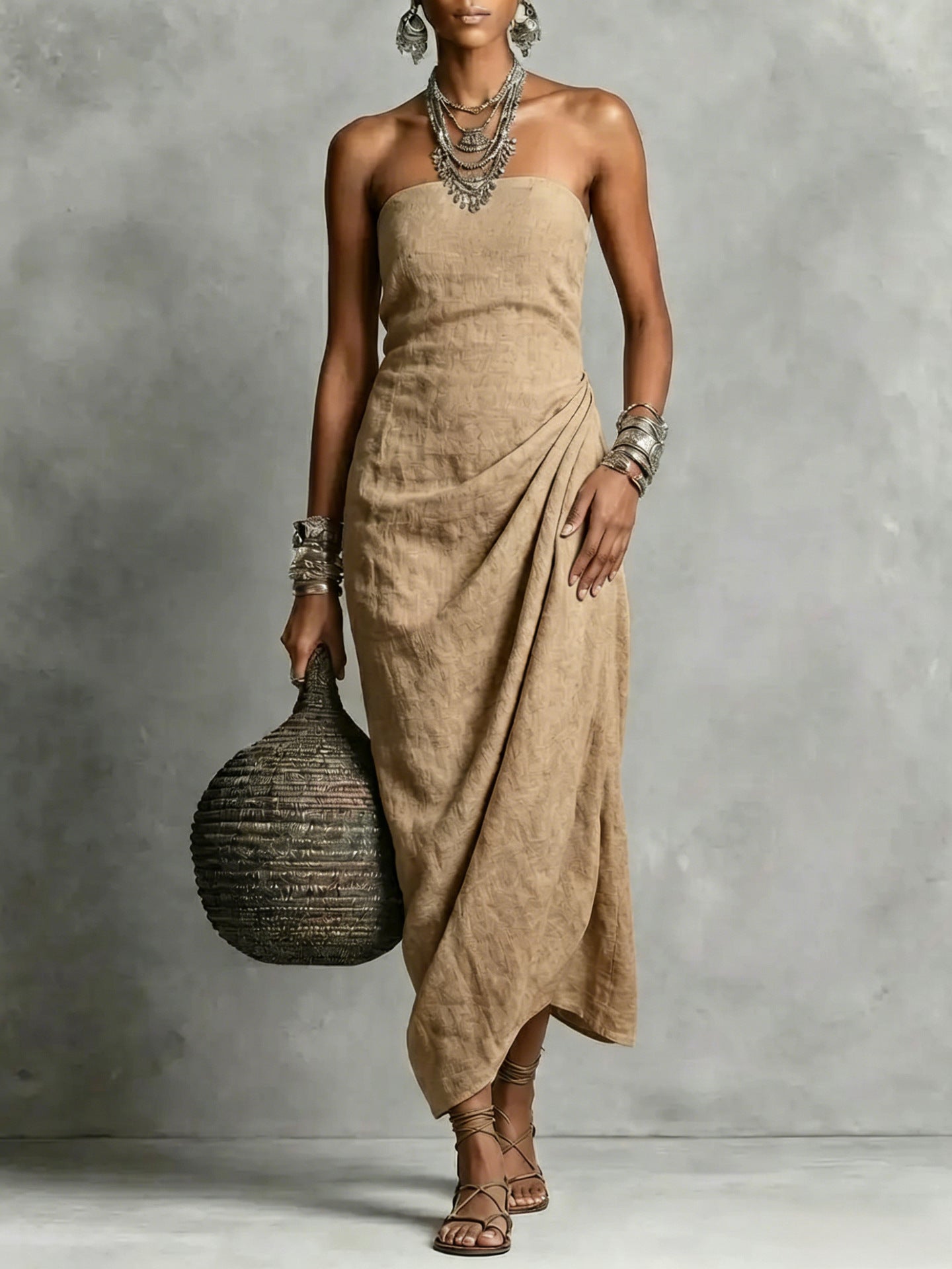 Strapless Pleated Linen Cotton Dress