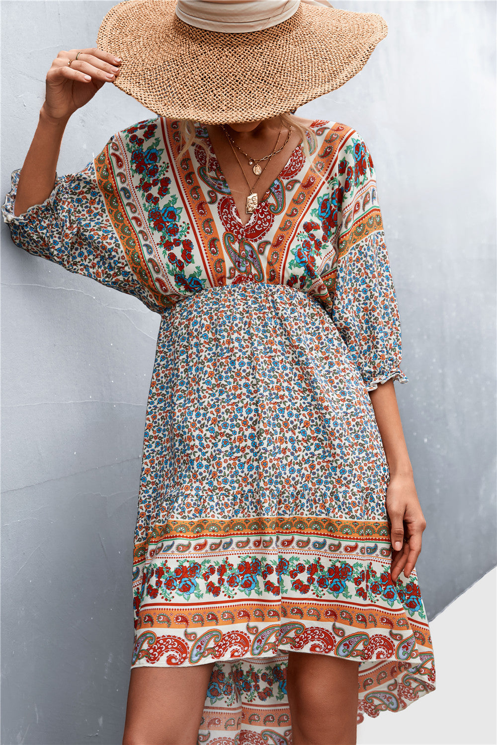 Bohemian V-Neck Floral Backless Midi Dress for Women