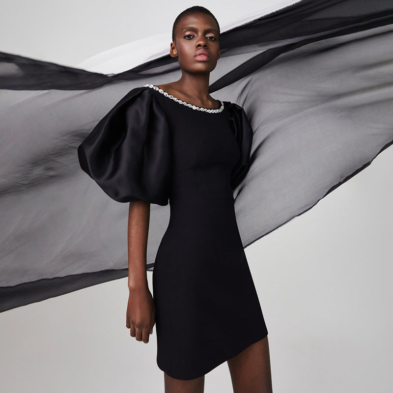 Black Puff Sleeve High Waist Slim Fit Mini Dress – Elegant Short Party Dress