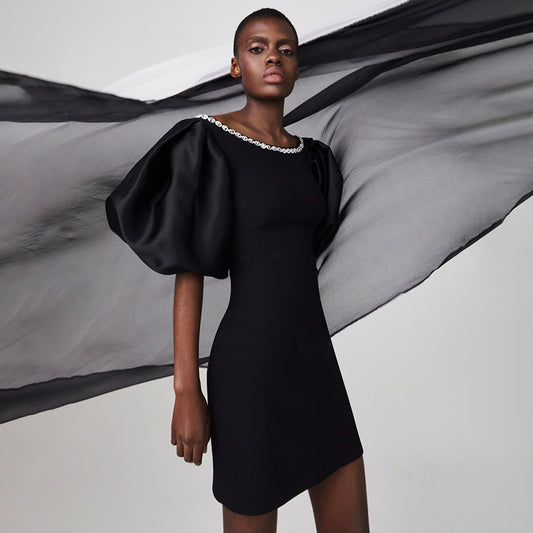 Black Puff Sleeve High Waist Slim Fit Mini Dress – Elegant Short Party Dress