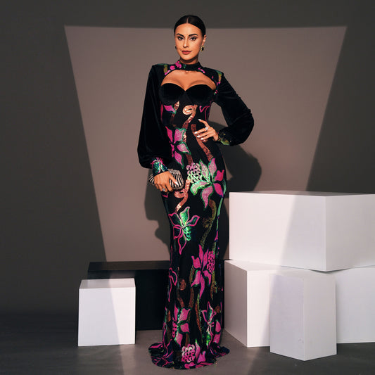 Long Sequined Evening Dress – Elegant High Waist Maxi Dres