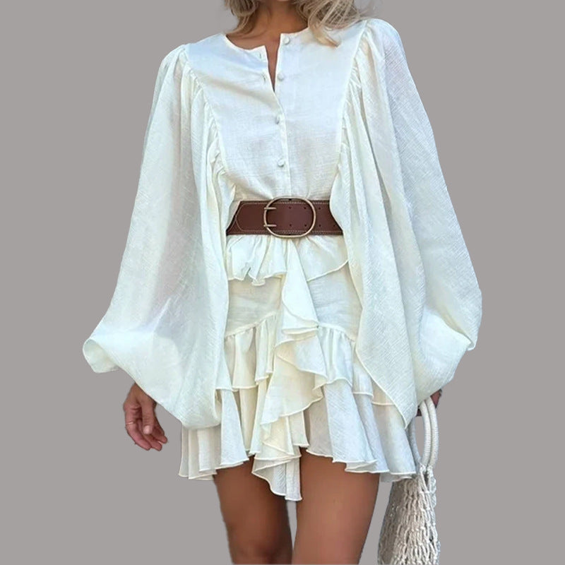 Solid Color French Style Long Sleeve Ruffle Dress