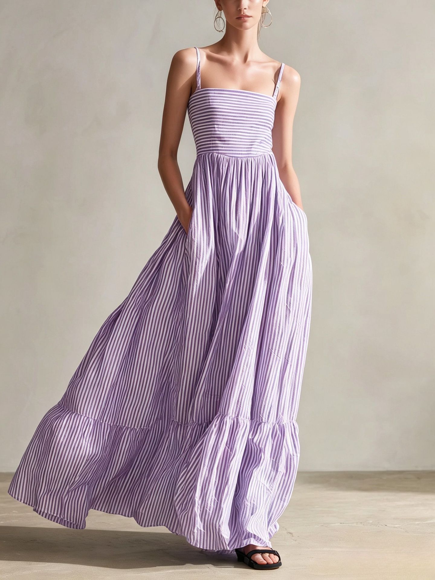 Striped Sleeveless Thin Strap Maxi Dress – High Waist Flowing Long Dress