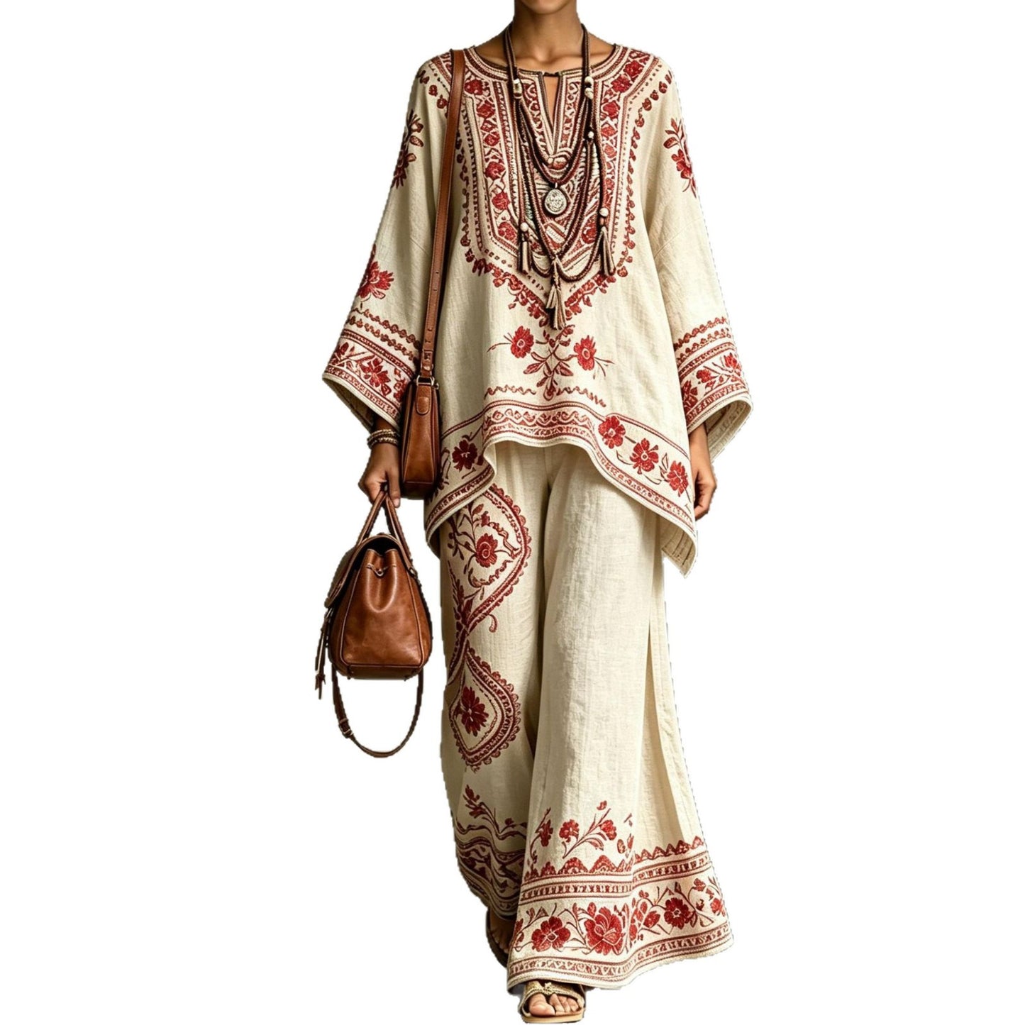 Loose Fit Printed Long Sleeve Top and Pants Set – Comfortable Casual Matching Lounge Set