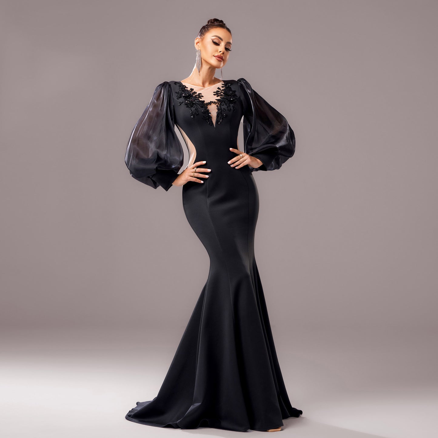 Elegant Sequin Applique Long Sleeve Fishtail Sheath Dress – High Waist Banquet Gown