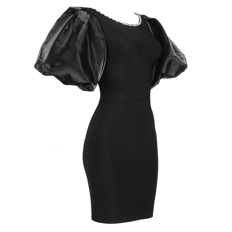 Black Puff Sleeve High Waist Slim Fit Mini Dress – Elegant Short Party Dress
