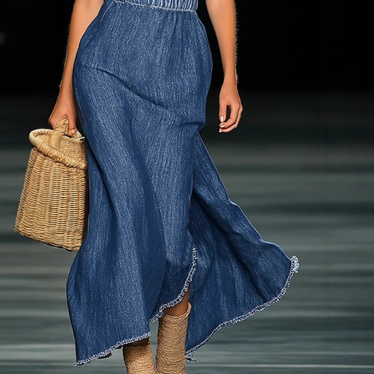 Elegant Strapless Denim 3D Floral Maxi Dress – Off-Shoulder A-Line Flowy Gow