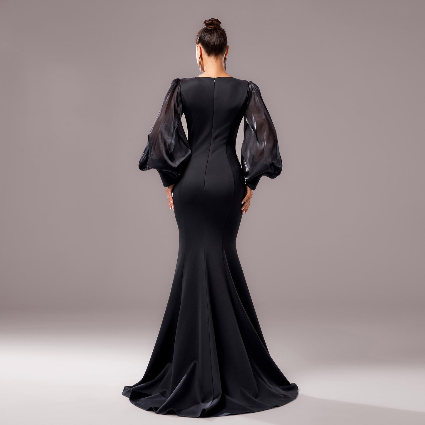 Elegant Sequin Applique Long Sleeve Fishtail Sheath Dress – High Waist Banquet Gown