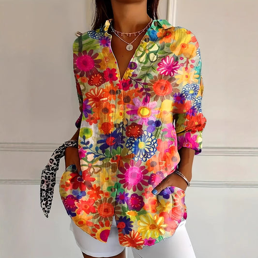 Long Sleeve Casual Women’s Shirt – Floral Plant Loose Fit Button-Up Top