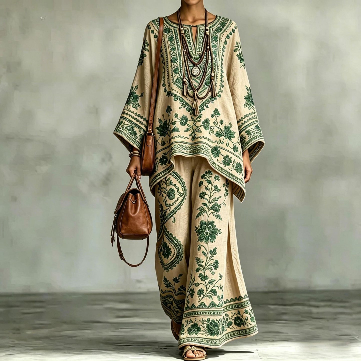 Loose Fit Printed Long Sleeve Top and Pants Set – Comfortable Casual Matching Lounge Set