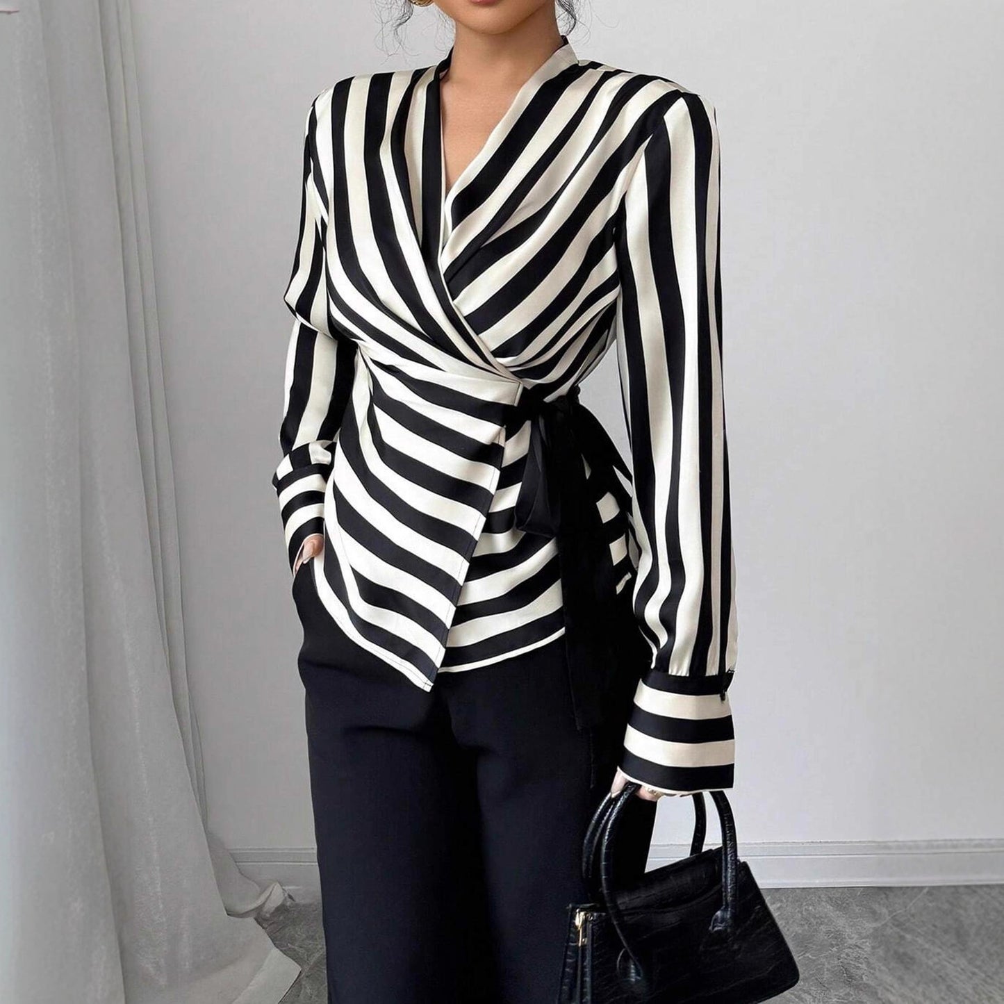 Black Striped Slim Fit Long Sleeve Shirt – Elegant Patchwork Commuter Top