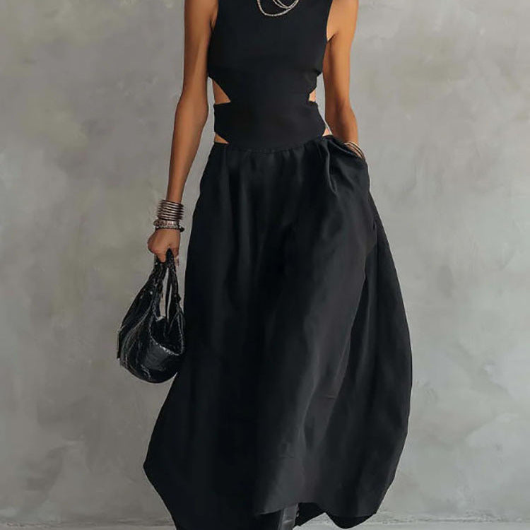 Black Sleeveless Midriff-Baring Elegant Slimming Long Dress – High Waist Cutout Maxi Dress