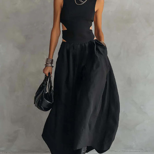 Black Sleeveless Midriff-Baring Elegant Slimming Long Dress – High Waist Cutout Maxi Dress