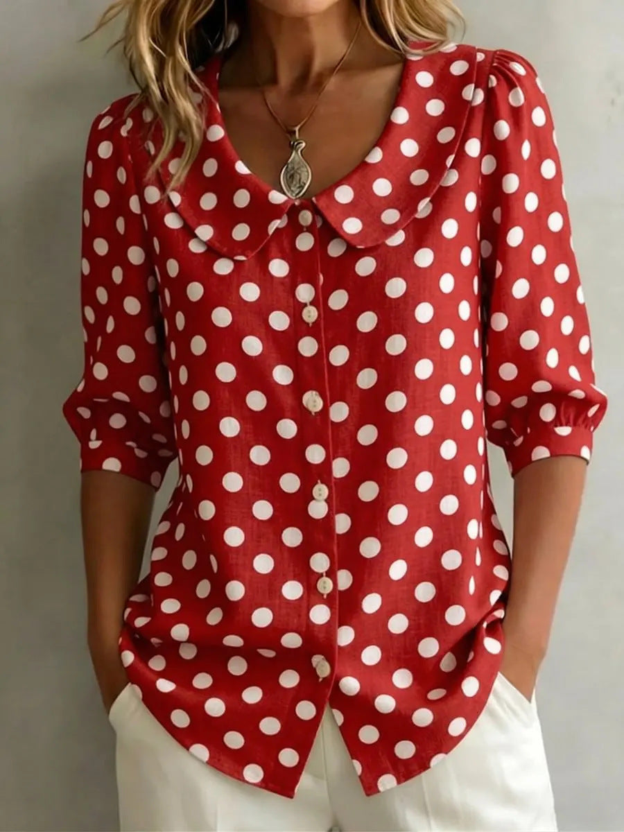Vintage Polka Dot Loose Fit Cardigan Shirt – Retro Three-Quarter Sleeve Blouse