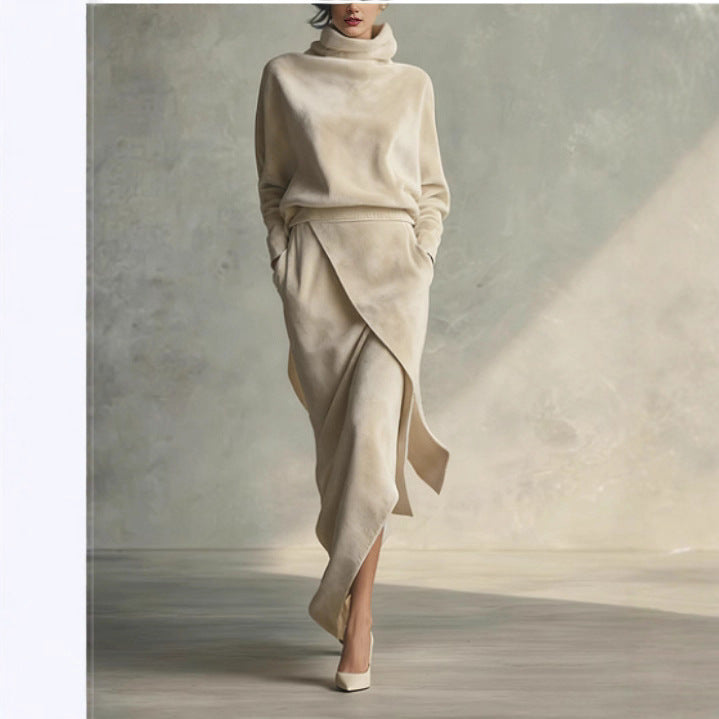 Solid Color Velvet Suede A-Line Midi Dress – Elegant Long Sleeve High Waist Dress