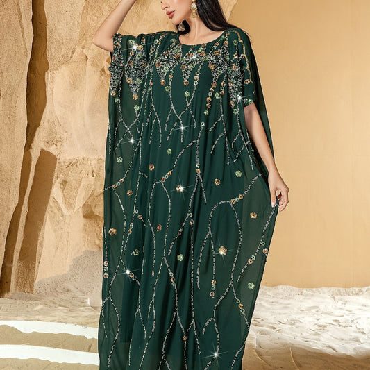 New Elegant Graceful Chiffon Beaded Rhinestone Long Robe – Luxury Loungewear Kimono