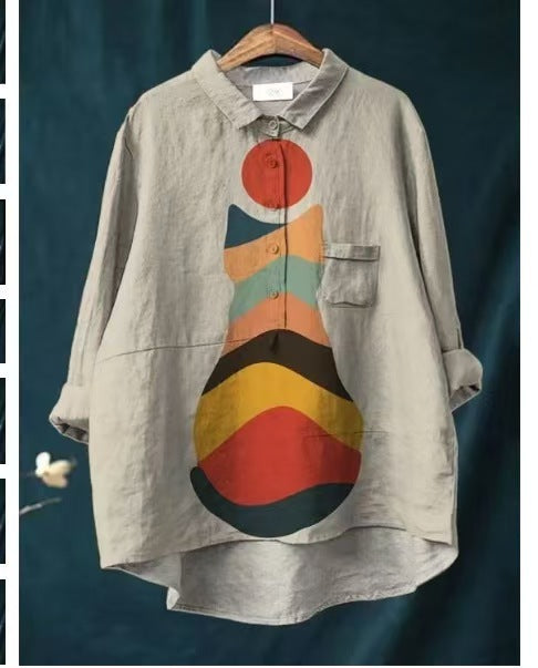 Women's Casual Long Sleeve Print Shirt – Relaxed Fit Lapel Collar Top