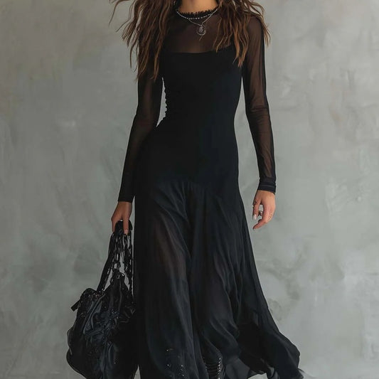 Elegant Sexy Long Sleeve Solid Waist Maxi Dress